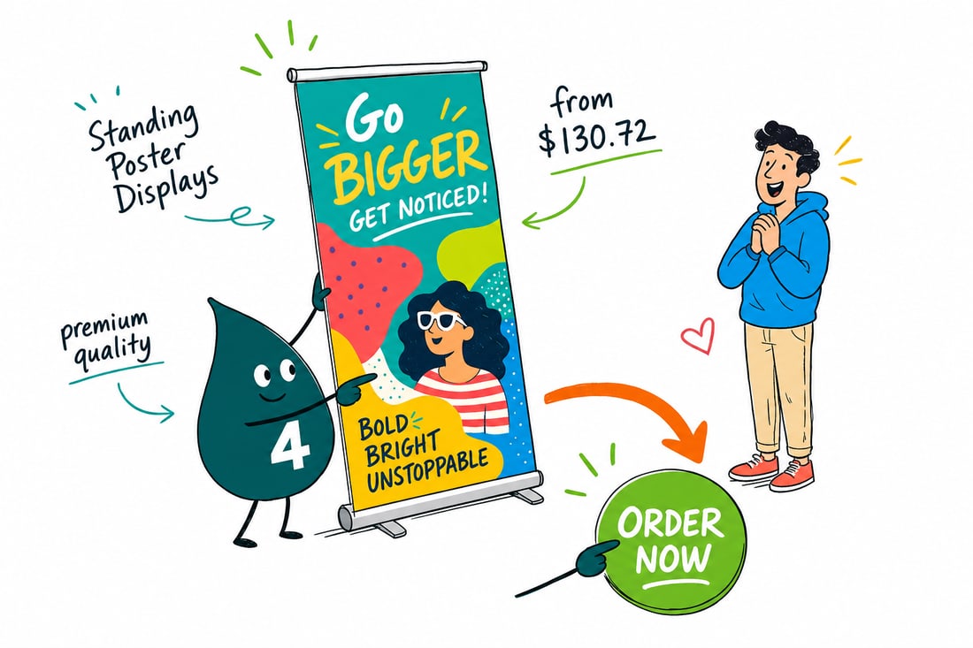 Wally the 4OVER4 mascot setting up a freestanding double sided poster display in a black metal frame, priced from $130.72, teal hand-drawn line art.