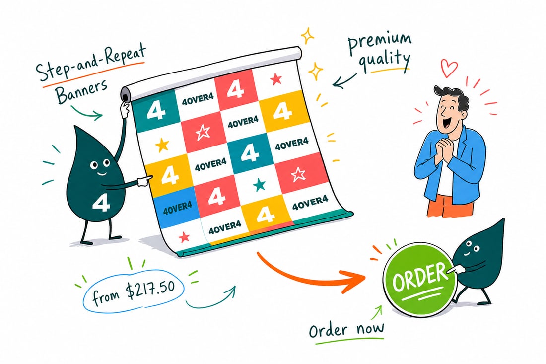 Wally the 4OVER4 mascot unrolling a large 8 by 8 foot step-and-repeat banner printed with a repeating logo pattern as an event photo backdrop, teal hand-drawn line art.