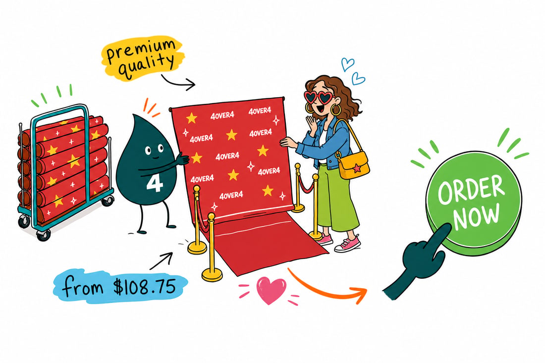 Wally the 4OVER4 mascot rolling out a custom-printed step-and-repeat red carpet runner priced at $108.75, leading up to a branded backdrop, teal hand-drawn line art.