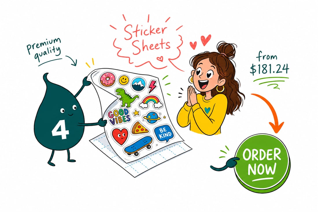Wally the 4OVER4 mascot peeling a kiss-cut sticker off a printed sticker sheet, priced from $181.24 for 25 stickers, teal hand-drawn line art.
