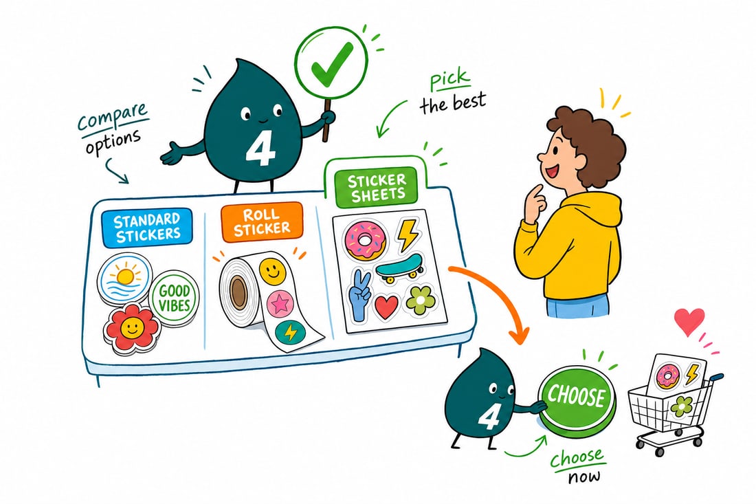 Wally compares Stickers options side by side at 4OVER4.COM
