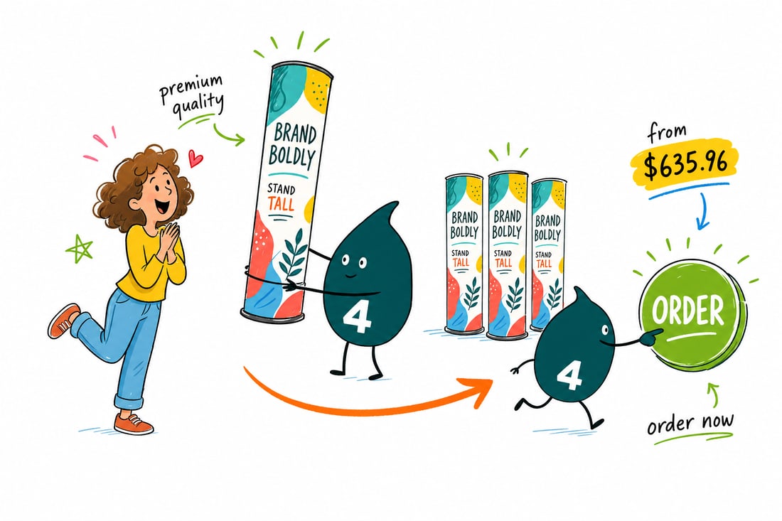 Wally the 4OVER4 mascot raising a tall 8.8oz tension fabric straight tube display wall priced from $635.96 at a trade show booth, teal hand-drawn line art.