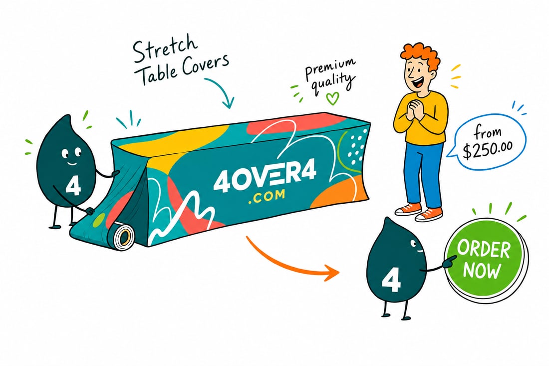 Wally the 4OVER4 mascot stretching a printed fabric cover over a trade show table, priced from $250, teal hand-drawn line art.