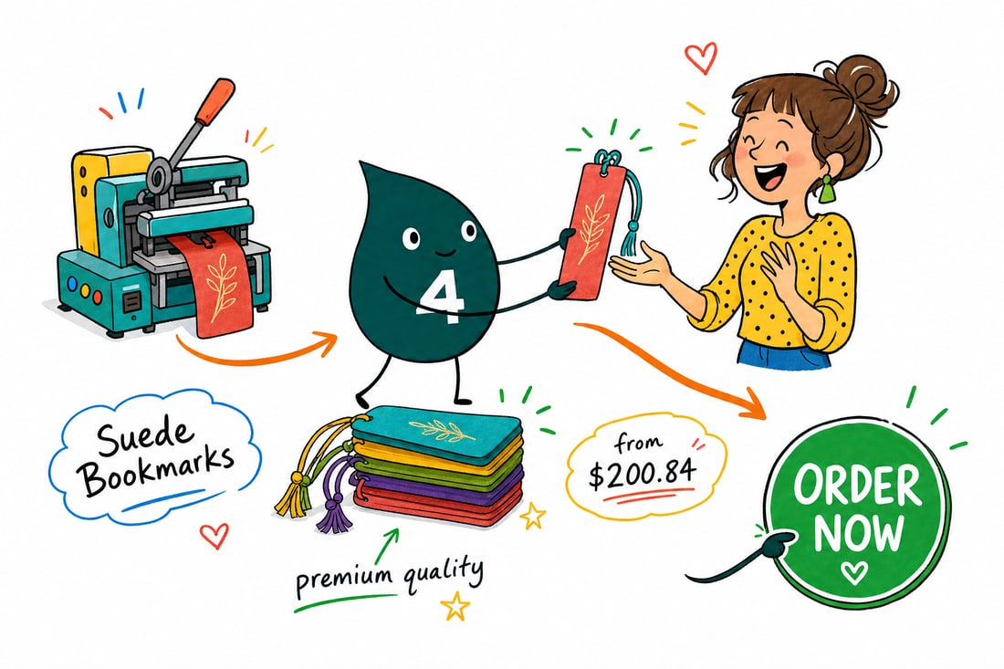 Wally the 4OVER4 mascot holding a soft suede-laminated bookmark, priced at $200.84 for 100, handing it to a happy reader, teal hand-drawn line art.