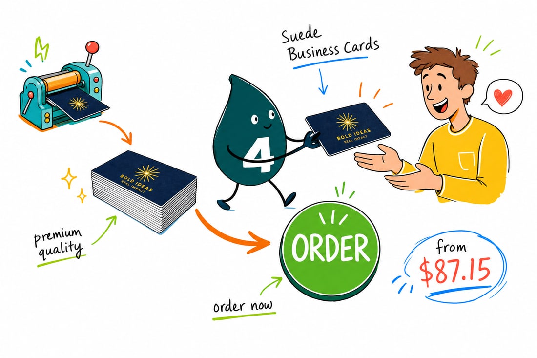 Wally the 4OVER4 mascot handing a velvety soft-touch suede business card, priced at $87.15 for 250, across a counter to an impressed customer, teal hand-drawn line art.