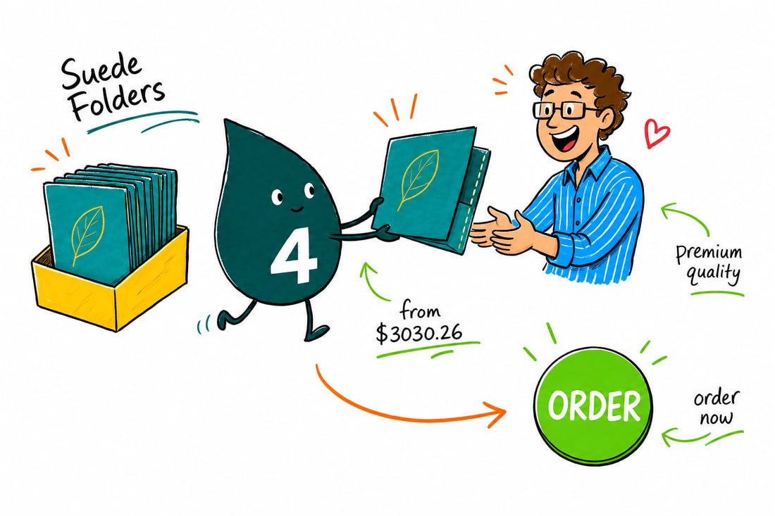 Wally the 4OVER4 mascot sliding documents into a soft-touch suede laminated presentation folder and handing it across a table to a client, teal hand-drawn line art.