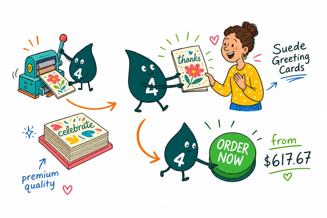 Wally the 4OVER4.COM mascot holding a folded suede greeting card with a soft matte finish, priced at $617.67 for 500, teal hand-drawn line art.