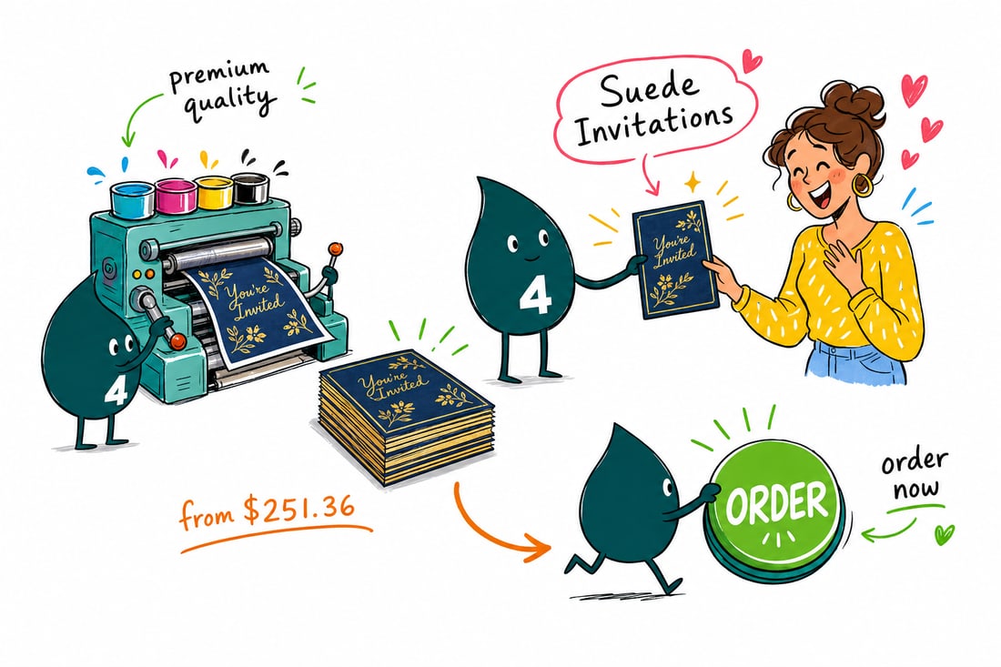 Wally the 4OVER4 mascot holding a soft suede-laminated invitation card, priced from $251.36 for 500, handing it across a table to a delighted guest, teal hand-drawn line art.