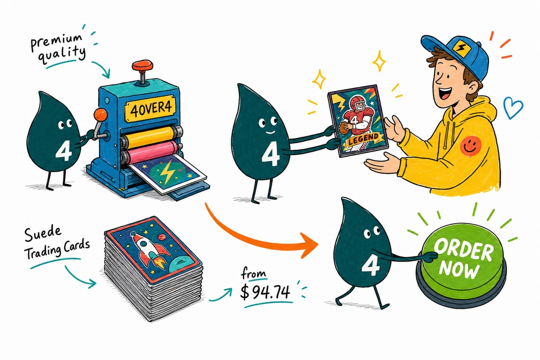 Wally the 4OVER4 mascot holding a soft-touch suede trading card priced at $94.74 for 250, showing its matte velvety surface to a collector, teal hand-drawn line art.