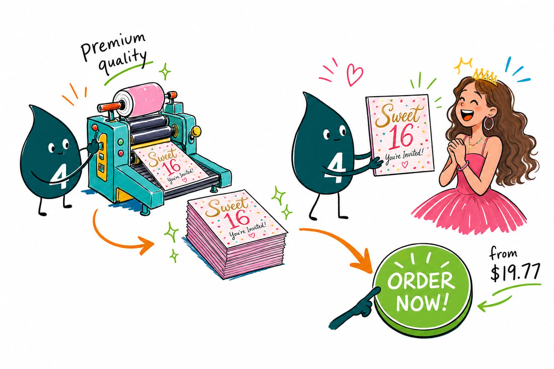 Wally the 4OVER4 mascot handing a bright Sweet 16 birthday invitation card, priced at $19.77 for 25, across a counter to a happy customer, teal hand-drawn line art.