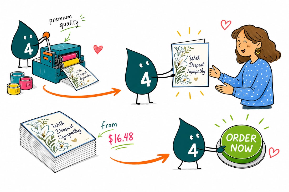 Wally the 4OVER4 mascot with a 4 on his shirt, gently offering a printed sympathy card to a family, teal hand-drawn line art, quiet and respectful.
