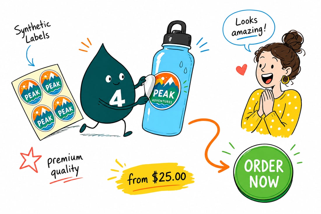 Wally the 4OVER4 mascot pressing a durable synthetic label onto a water-splashed bottle, priced from $25, teal hand-drawn line art.