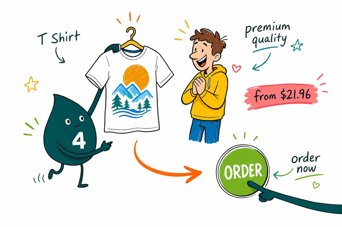 Wally the 4OVER4 mascot holding up a freshly printed white t-shirt with a bold full-color design, priced from $21.96, teal hand-drawn line art.