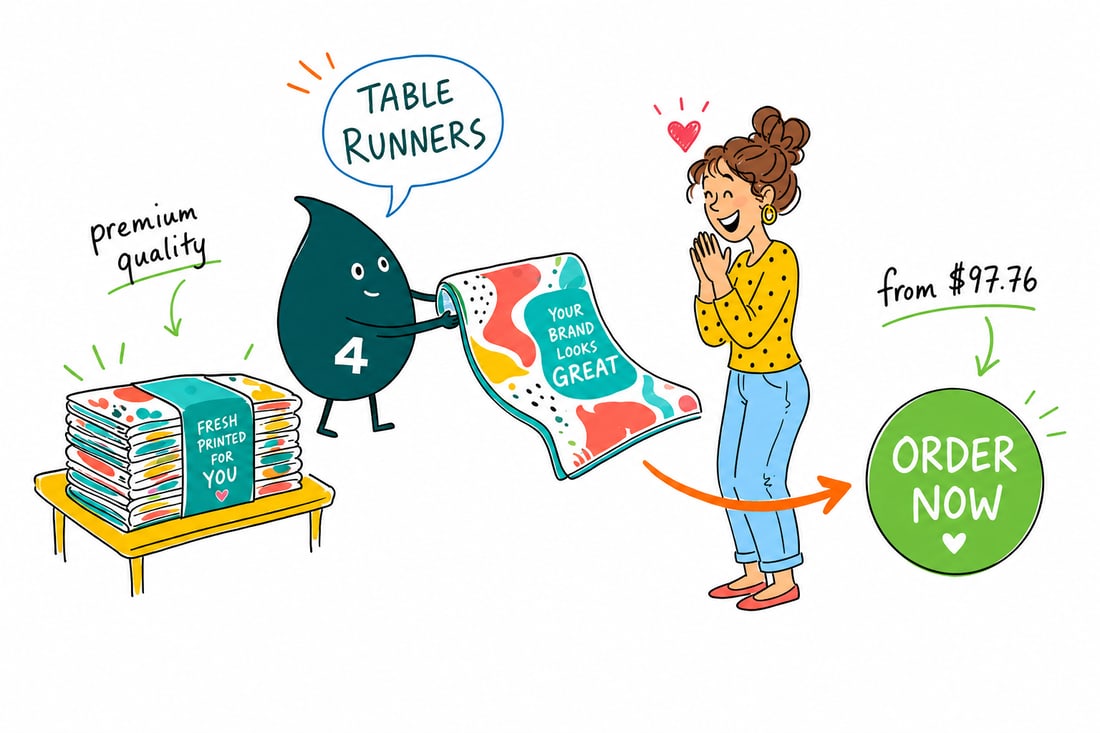 Wally the 4OVER4 mascot draping a full-color branded table runner over a trade show display table, priced from $97.76, teal hand-drawn line art.