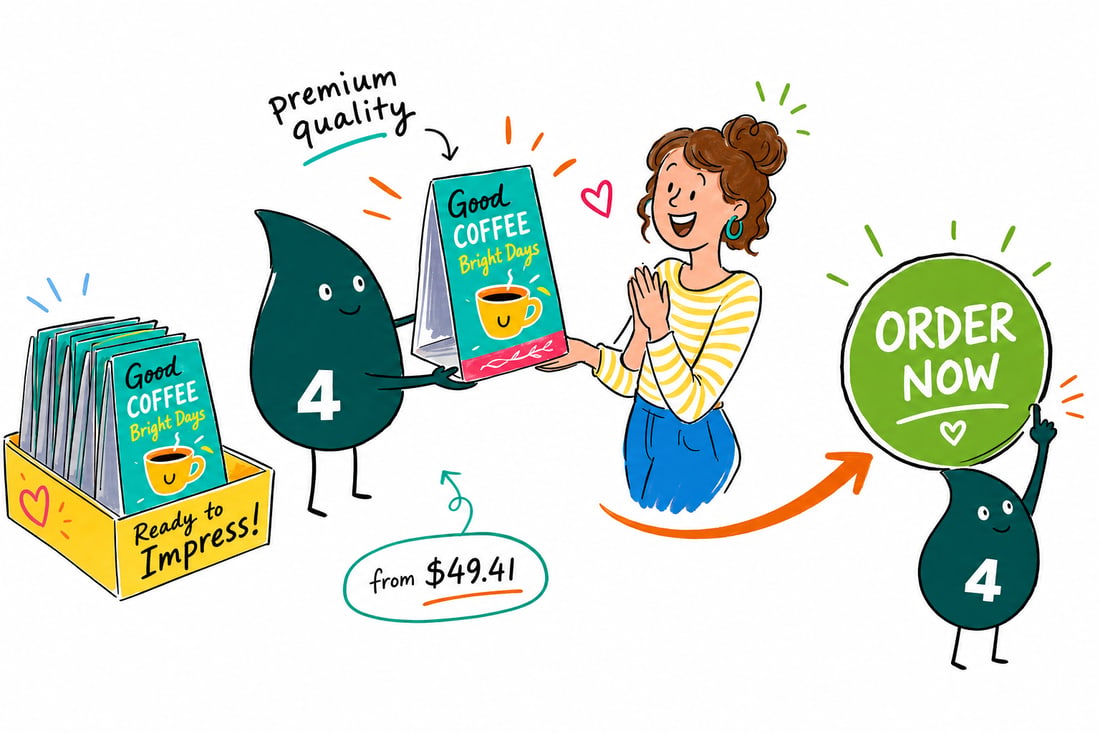 Wally the 4OVER4 mascot setting a compact printed table top display, priced from $49.41, onto a trade show table for a smiling vendor, teal hand-drawn line art.