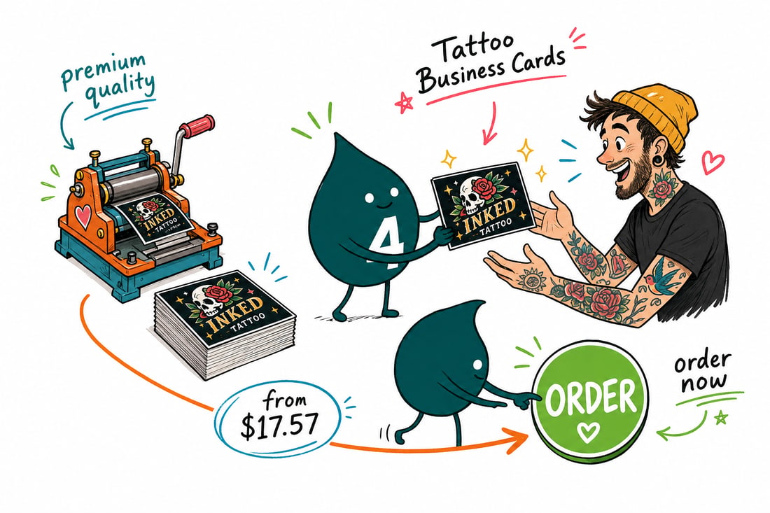 Wally the 4OVER4 mascot handing a full-color tattoo business card, priced at $17.57 for 100, across a studio counter to a happy client, teal hand-drawn line art.