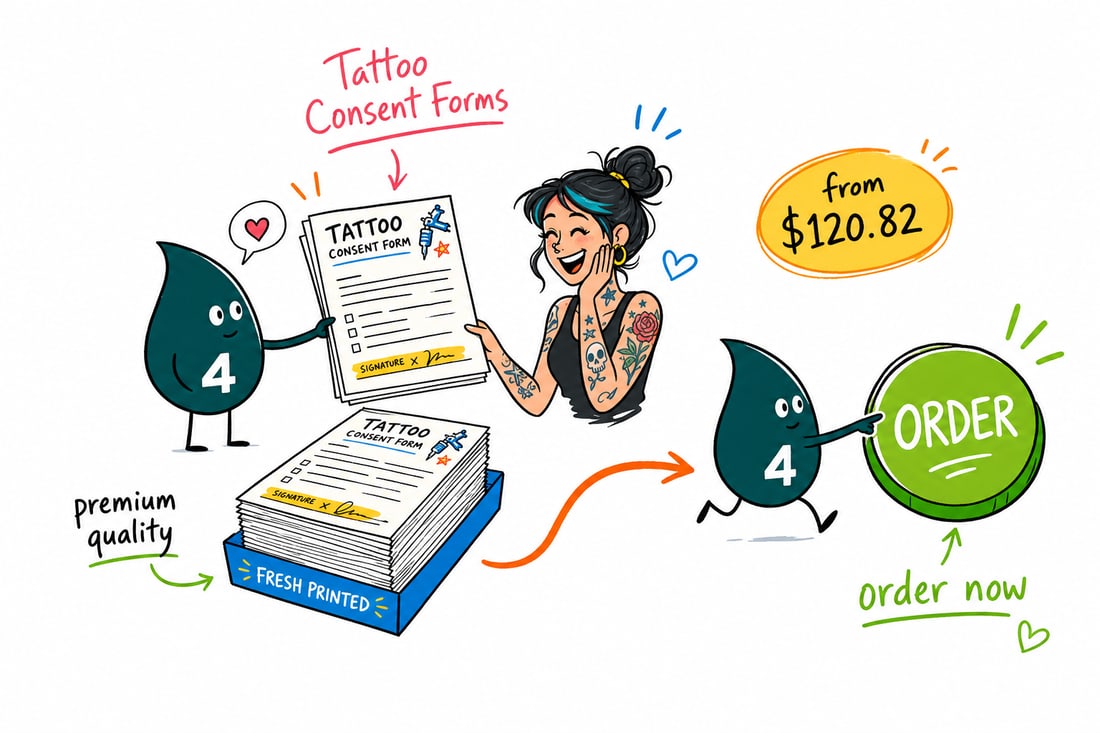 Wally the 4OVER4 mascot handing a carbonless tattoo consent form across a studio counter to a client, priced at $120.82 for 100, teal hand-drawn line art.