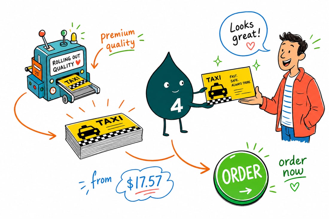 Wally the 4OVER4 mascot handing a taxi business card, priced at $17.57 for 100, through a cab window to a smiling rider, teal hand-drawn line art.