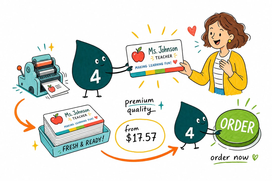 Wally the 4OVER4 mascot handing a teacher business card, priced at $17.57 for 100, across a classroom desk to a parent, teal hand-drawn line art.