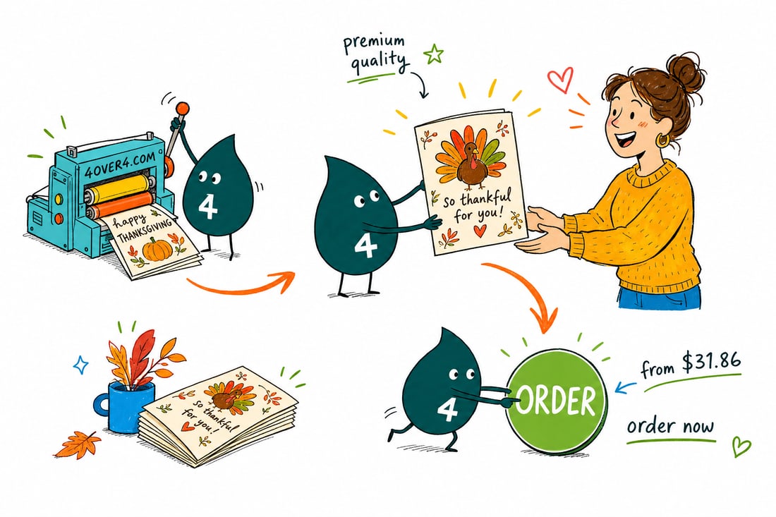 Wally the 4OVER4 mascot handing a folded Thanksgiving card, priced at $31.86 for 25, across a counter to a happy customer, teal hand-drawn line art.