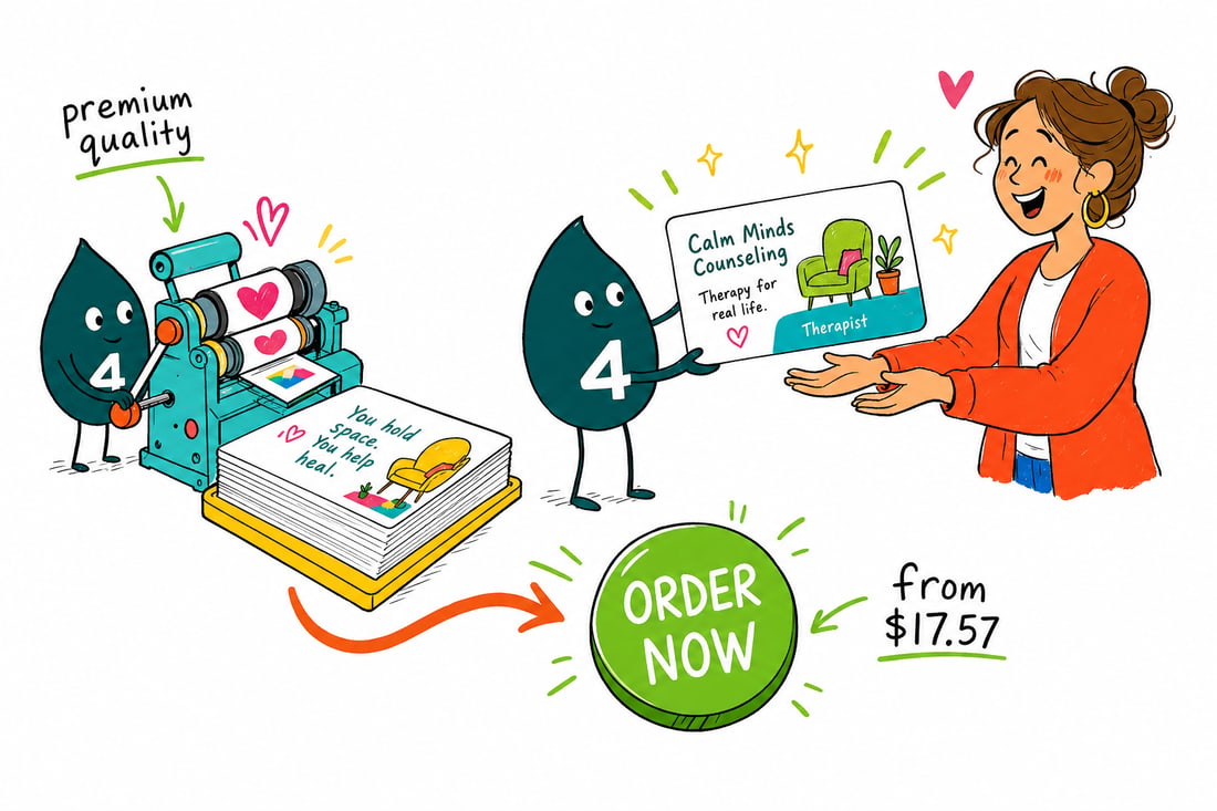 Wally the 4OVER4 mascot handing a calm, professional therapist business card, priced at $17.57 for 100, across a desk to a client, teal hand-drawn line art.