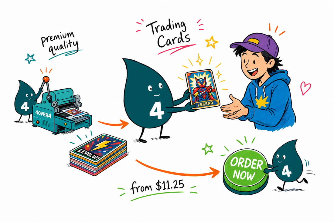 Wally the 4OVER4 mascot handing a thick 2.5 by 3.5 inch trading card, priced at $11.25 for 25, across a counter to a happy collector, teal hand-drawn line art.