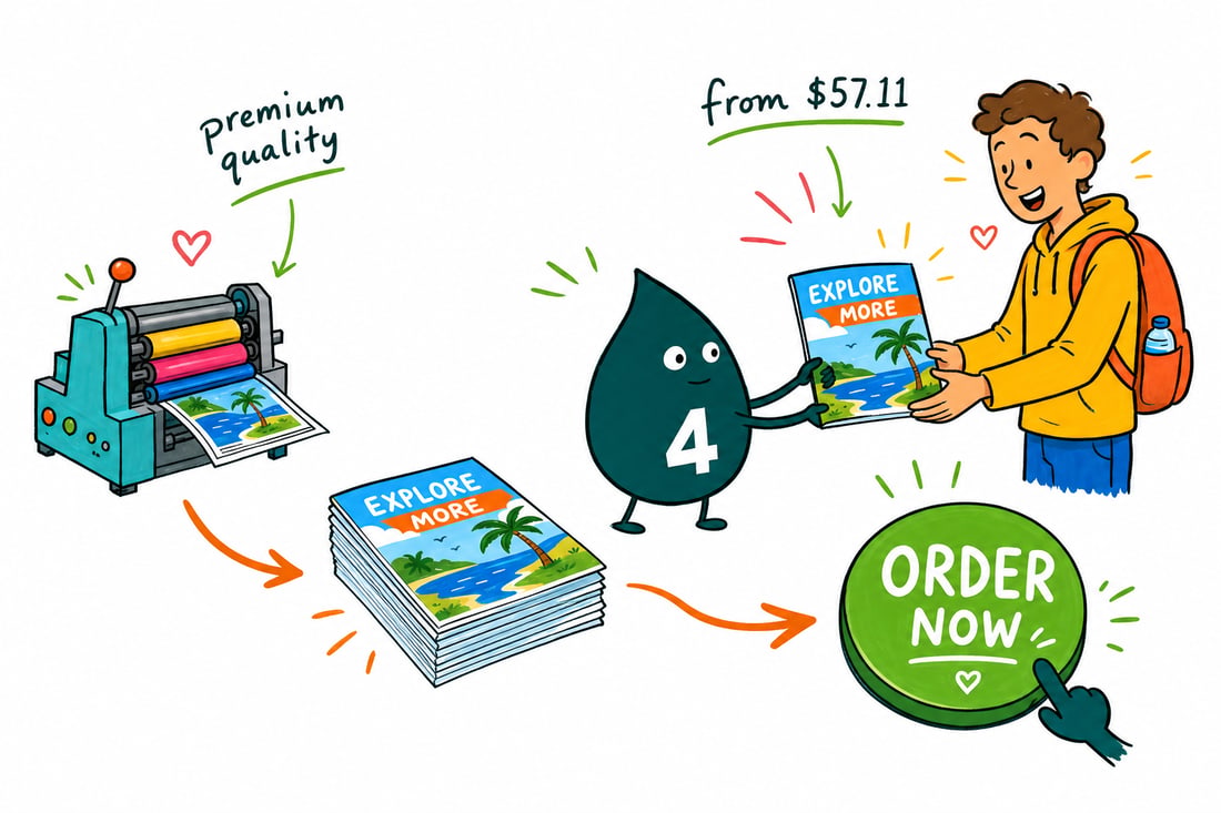 Wally the 4OVER4 mascot handing a folded travel brochure priced at $57.11 for 50 to a traveler at a visitor-center rack, teal hand-drawn line art.