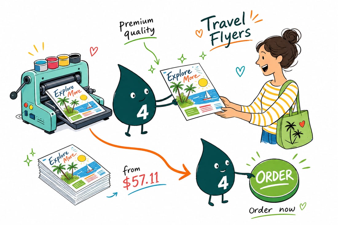 Wally the 4OVER4 mascot handing a full-color travel flyer, priced at $39.54 for 50, across a counter to a happy traveler, teal hand-drawn line art.