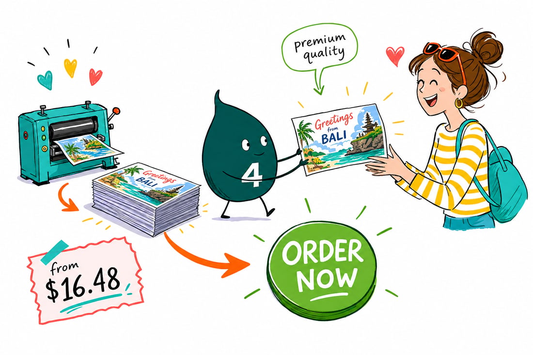 Wally the 4OVER4 mascot handing a full-color travel postcard priced at $16.48 for 50 across a counter to a happy traveler, teal hand-drawn line art.