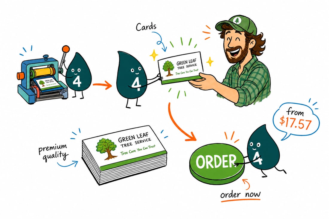 Wally the 4OVER4 mascot handing a tree service business card, priced at $17.57 for 100, to an arborist in a hard hat, teal hand-drawn line art.