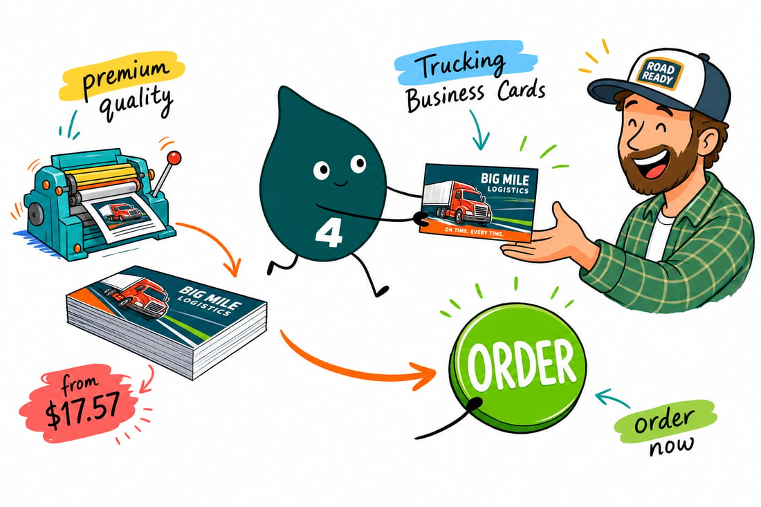 Wally the 4OVER4 mascot handing a trucking business card, priced at $17.57 for 100, to a truck driver at a loading dock, teal hand-drawn line art.