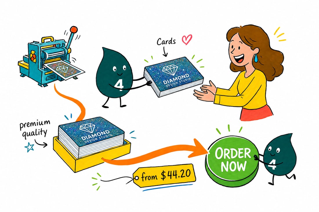 Wally the 4OVER4 mascot handing a thick, sparkling diamond glitter business card, priced at $44.20 for 50, across a counter to a delighted customer, teal hand-drawn line art.