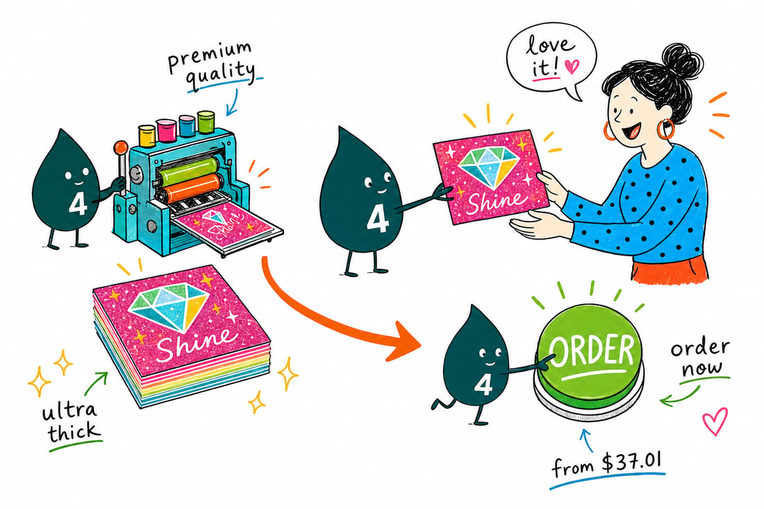 Wally the 4OVER4 mascot holding a thick, sparkling diamond glitter postcard, priced at $37.01 for 50, teal hand-drawn line art.