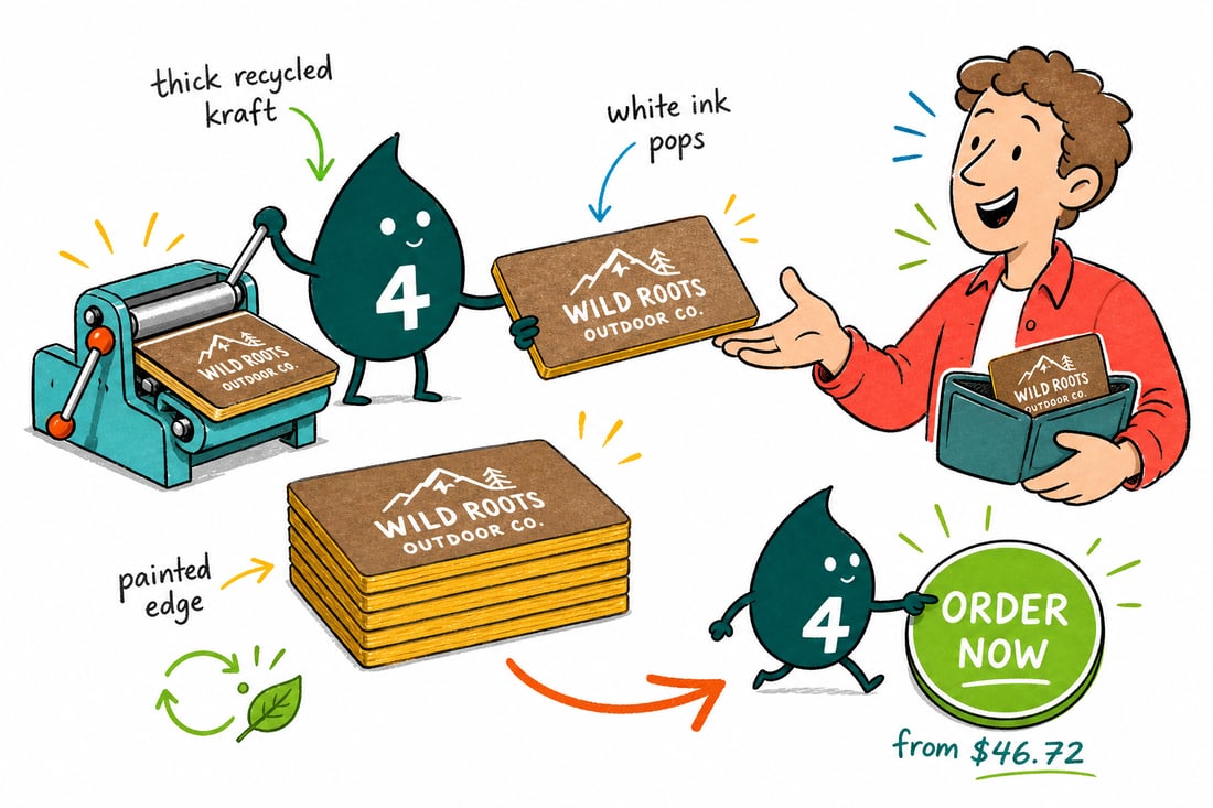 Wally the 4OVER4 mascot pressing a chunky stack of ultra thick kraft business cards priced at $46.72 for 50, handing one with a painted gold edge across a counter, teal hand-drawn line art.