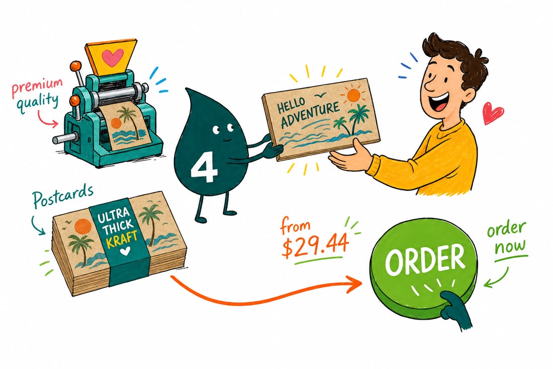Wally the 4OVER4 mascot handing a chunky brown kraft postcard, priced at $29.44 for 50, across a counter to a happy customer, teal hand-drawn line art.