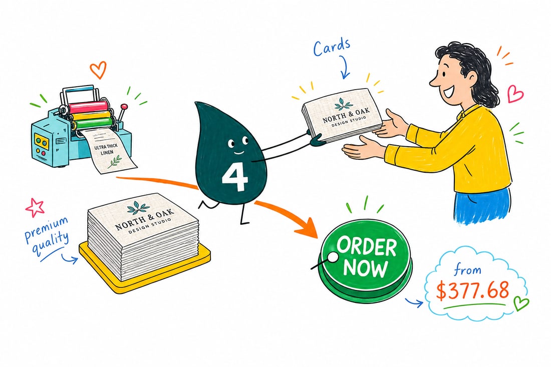 Wally the 4OVER4 mascot handing a thick 24pt white linen business card with a foil-stamped logo and a painted edge across a counter to an impressed customer, teal hand-drawn line art.