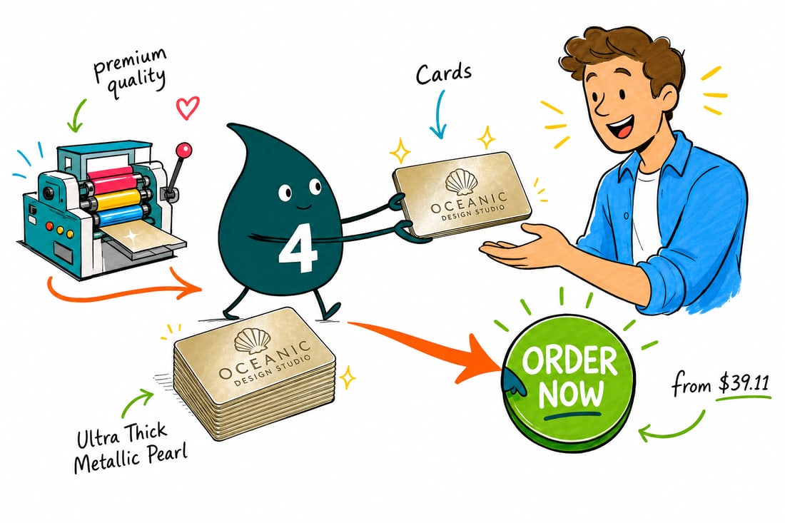 Wally the 4OVER4 mascot handing a thick, shimmering 26pt metallic pearl business card priced at $39.11 for 50 across a counter to a happy customer, teal hand-drawn line art.