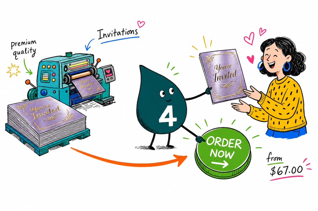 Wally the 4OVER4 mascot holding a thick, shimmering metallic pearl invitation up to the light, priced at $67 for 50, teal hand-drawn line art.