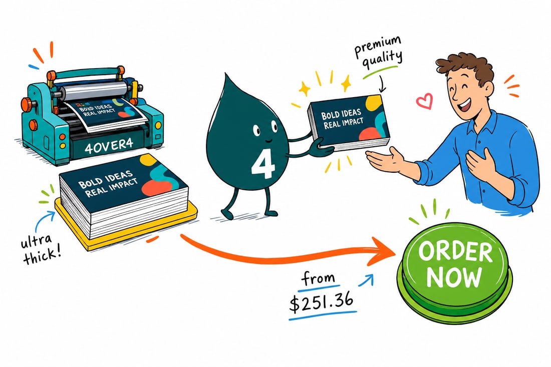 Wally the 4OVER4 mascot handing a thick soft-touch silk-laminated business card, priced from $251.36 for 250, across a counter to an impressed customer, teal hand-drawn line art.