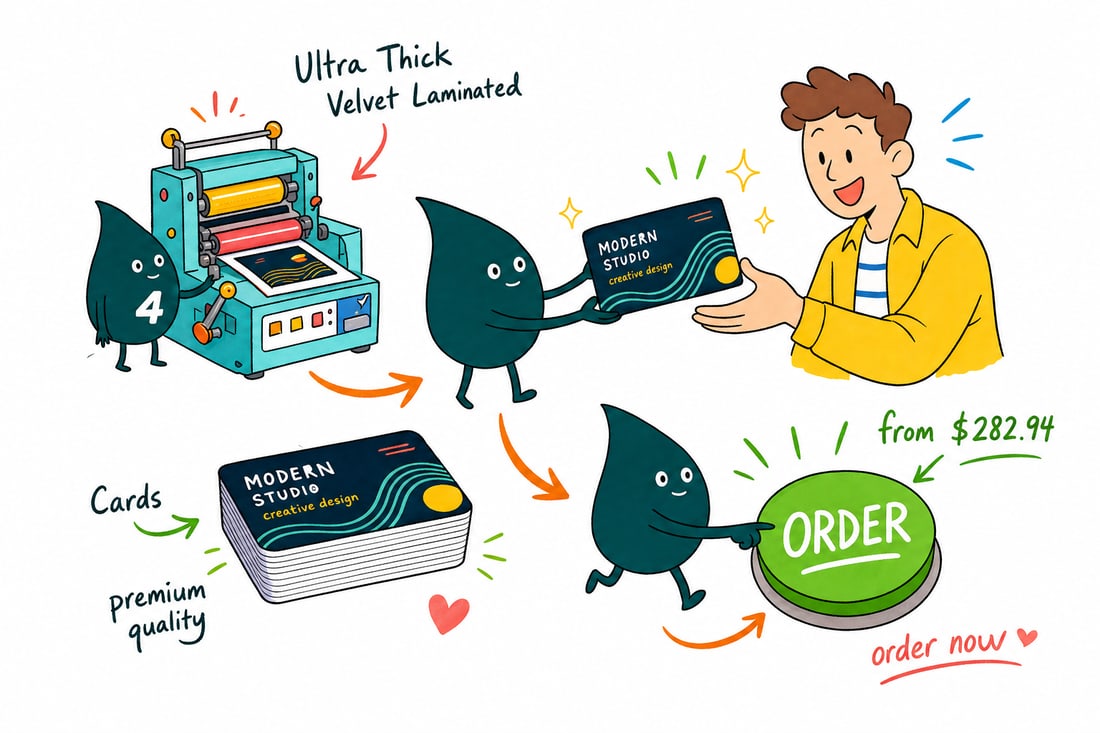 Wally the 4OVER4 mascot handing a thick soft-touch velvet laminated business card, priced from $282.94 for 250, across a counter to an impressed customer, teal hand-drawn line art.