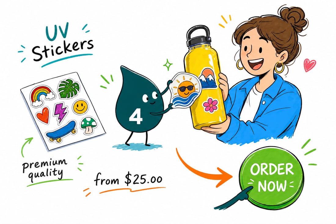 Wally the 4OVER4 mascot pressing a glossy full-color UV sticker onto a bottle, with a Hi-Gloss shine highlight and a $25 price tag, teal hand-drawn line art.