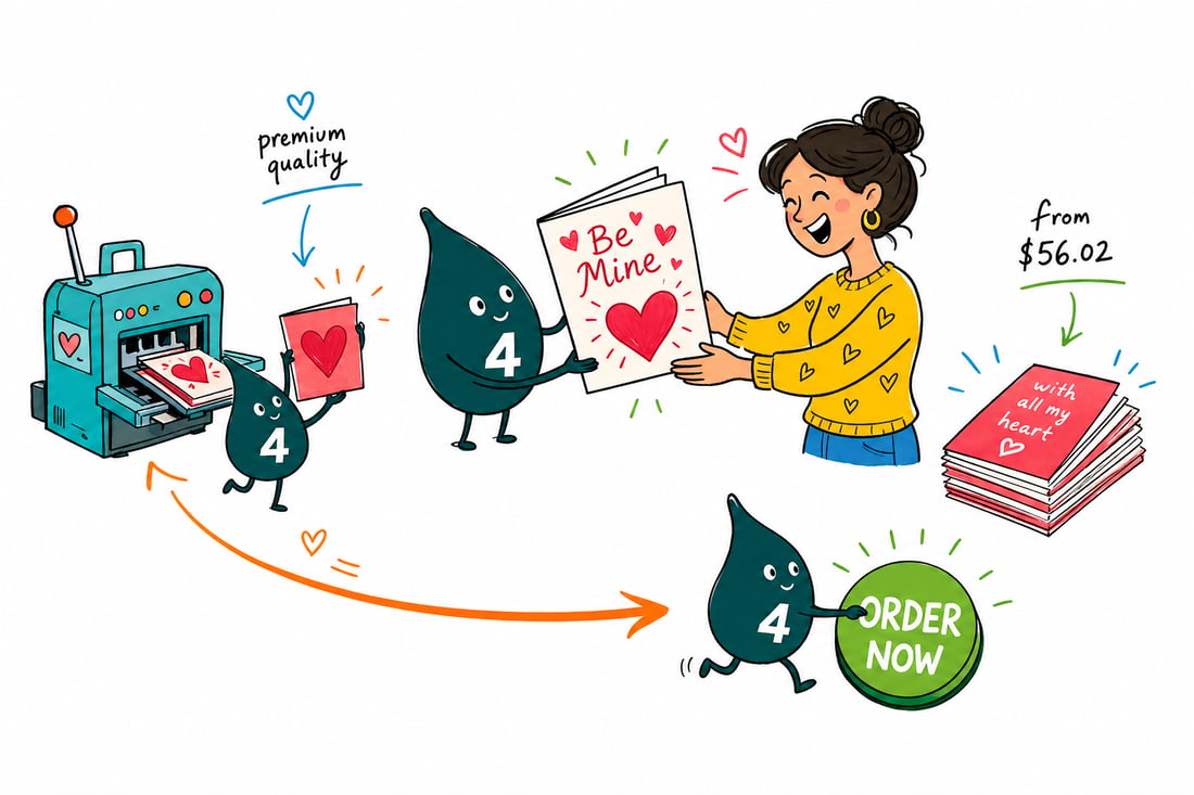 Wally the 4OVER4 mascot handing a folded Valentine's greeting card with a matching envelope to a happy customer, teal hand-drawn line art.
