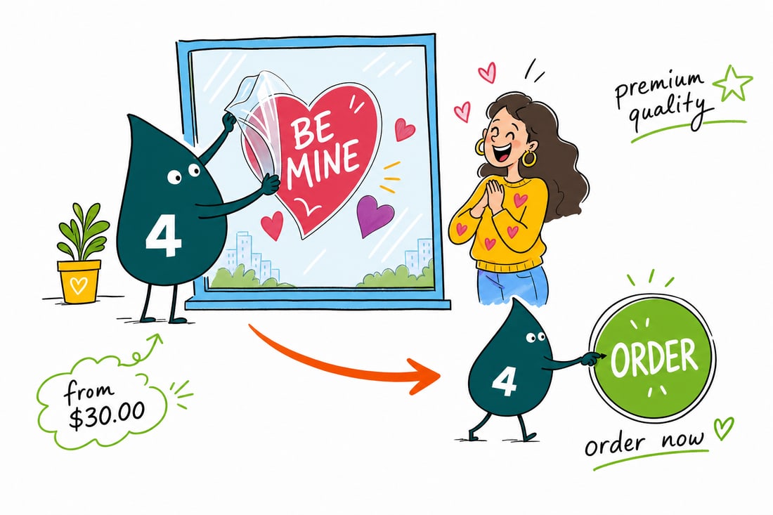 Wally the 4OVER4 mascot pressing a heart-covered clear Valentines window cling onto a storefront glass window, priced from $30, teal hand-drawn line art.