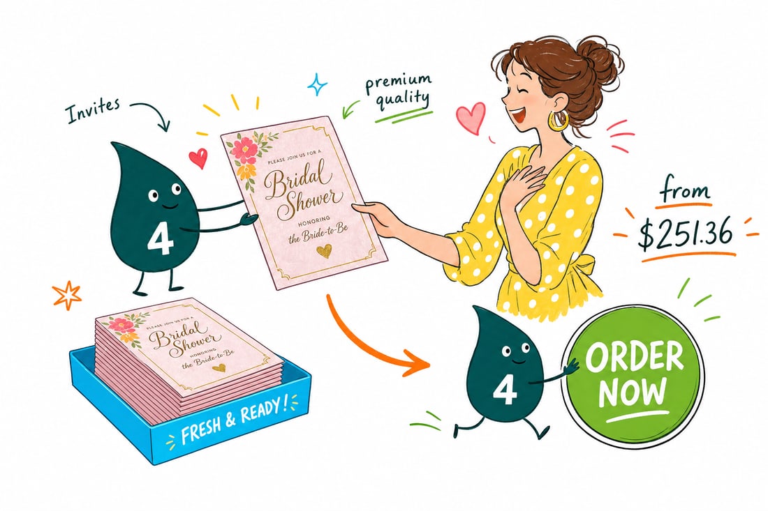 Wally the 4OVER4 mascot holding a soft-touch velvet bridal shower invite priced at $251.36 for 500, handing it across a counter to a happy customer, teal hand-drawn line art.