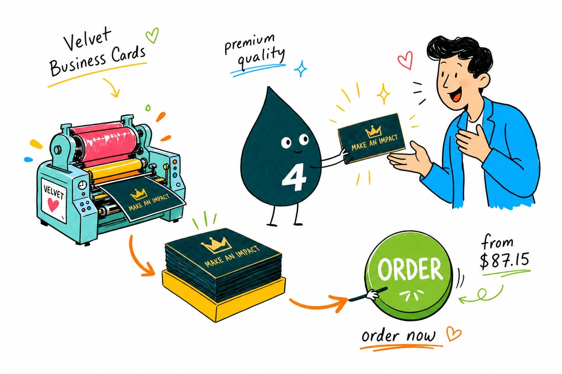 Wally the 4OVER4 mascot handing a soft touch velvet business card, priced at $87.15 for 250, across a counter to a happy customer, teal hand-drawn line art.
