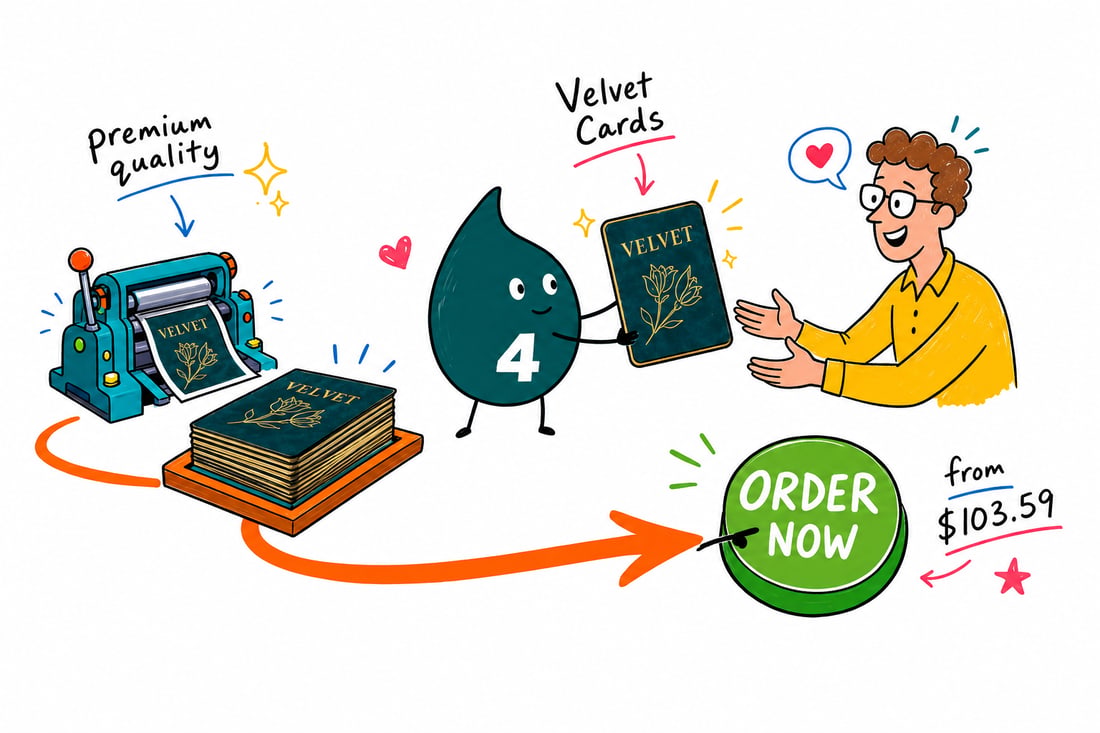 Wally the 4OVER4 mascot handing a soft-touch velvet business card, priced from $103.59 for 500, across a counter to an impressed customer, teal hand-drawn line art.