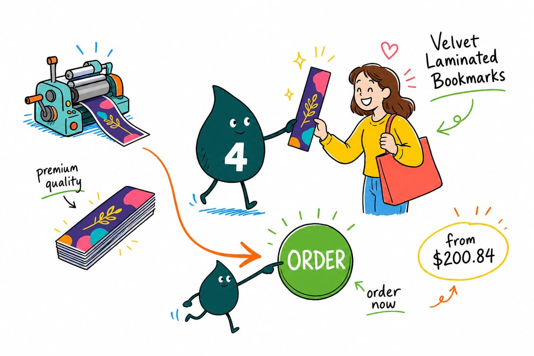 Wally the 4OVER4 mascot handing a soft velvet laminated bookmark, priced from $200.84 for 100, to a reader tucking it into a book, teal hand-drawn line art.