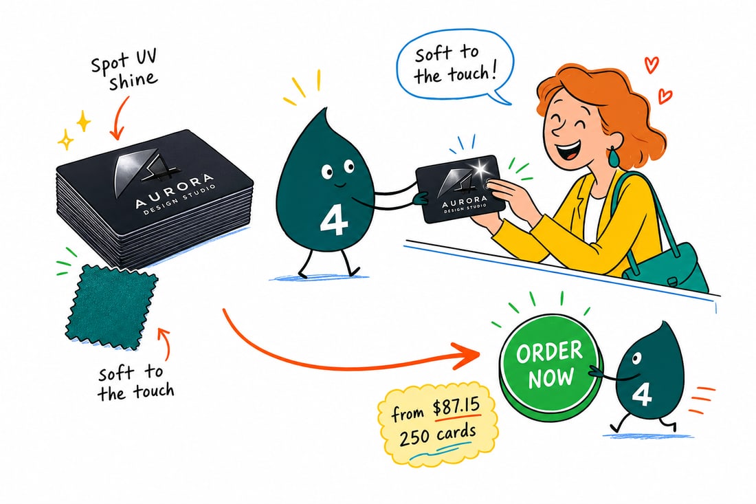 Wally the 4OVER4 mascot handing a soft-touch velvet laminated business card priced at $87.15 for 250 across a counter to a delighted customer who pauses to feel the texture, teal hand-drawn line art.