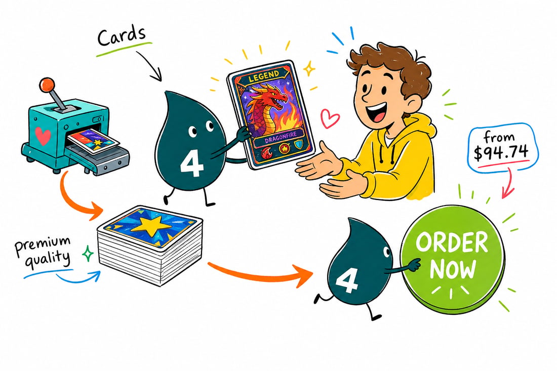 Wally the 4OVER4 mascot handing a soft velvet laminated trading card, priced at $94.74 for 250, across a counter to a happy collector, teal hand-drawn line art.