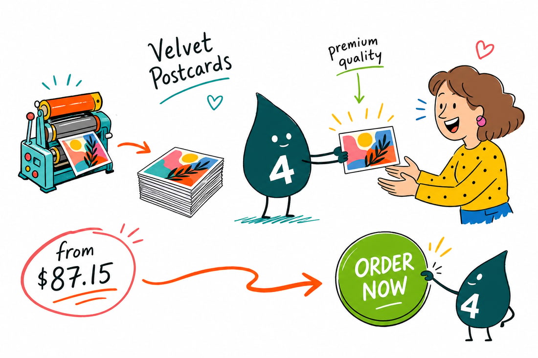 Wally the 4OVER4 mascot handing a soft velvet postcard, priced at $87.15 for 250, across a counter to a happy customer, teal hand-drawn line art.